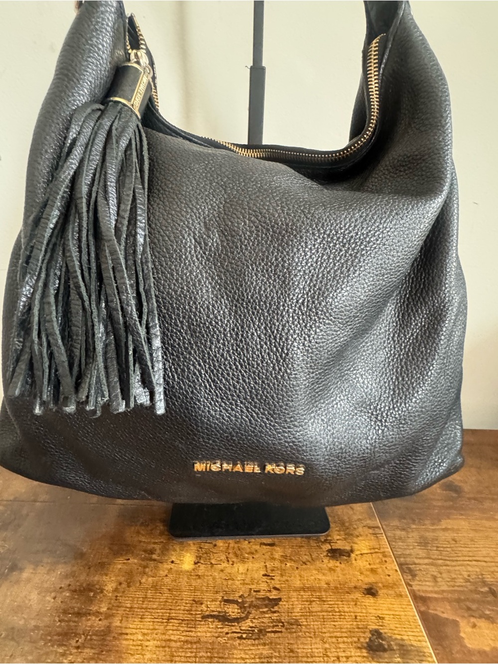Michael Kors Black Leather Tassel Hobo Shoulder Bag - Picture 2 of 11